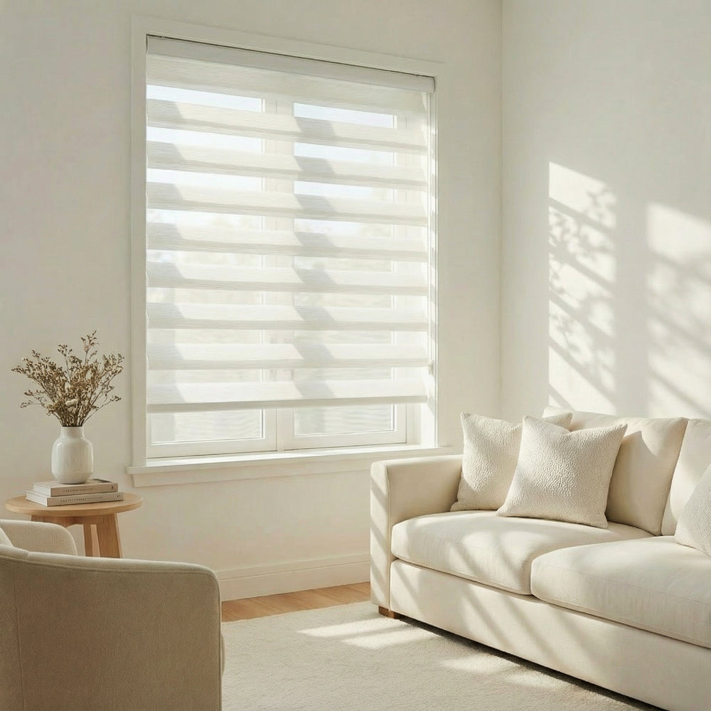 Layered sheer shade installed in a finished interior