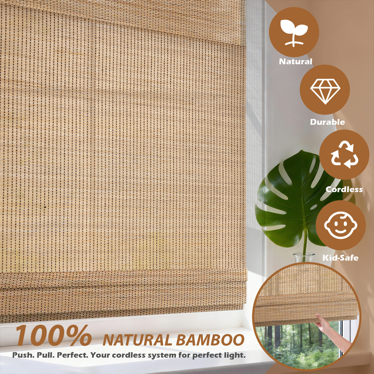 No-Drill Cordless Bamboo Roman Shade
