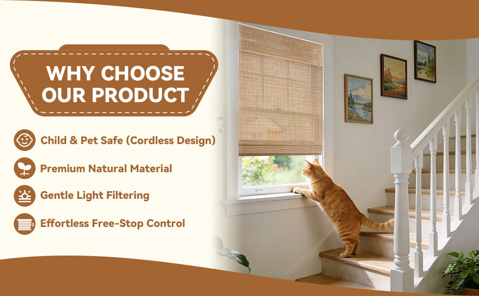 No-Drill Cordless Bamboo Roman Shade