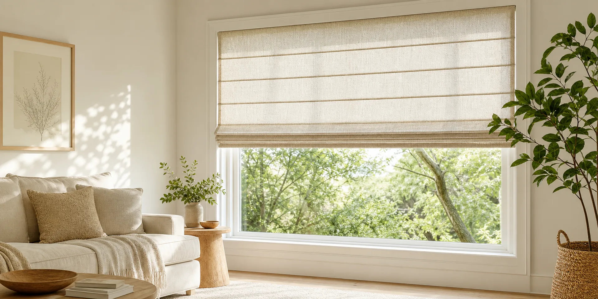 Sunlit natural linen Roman shade in a fresh, nature-connected room