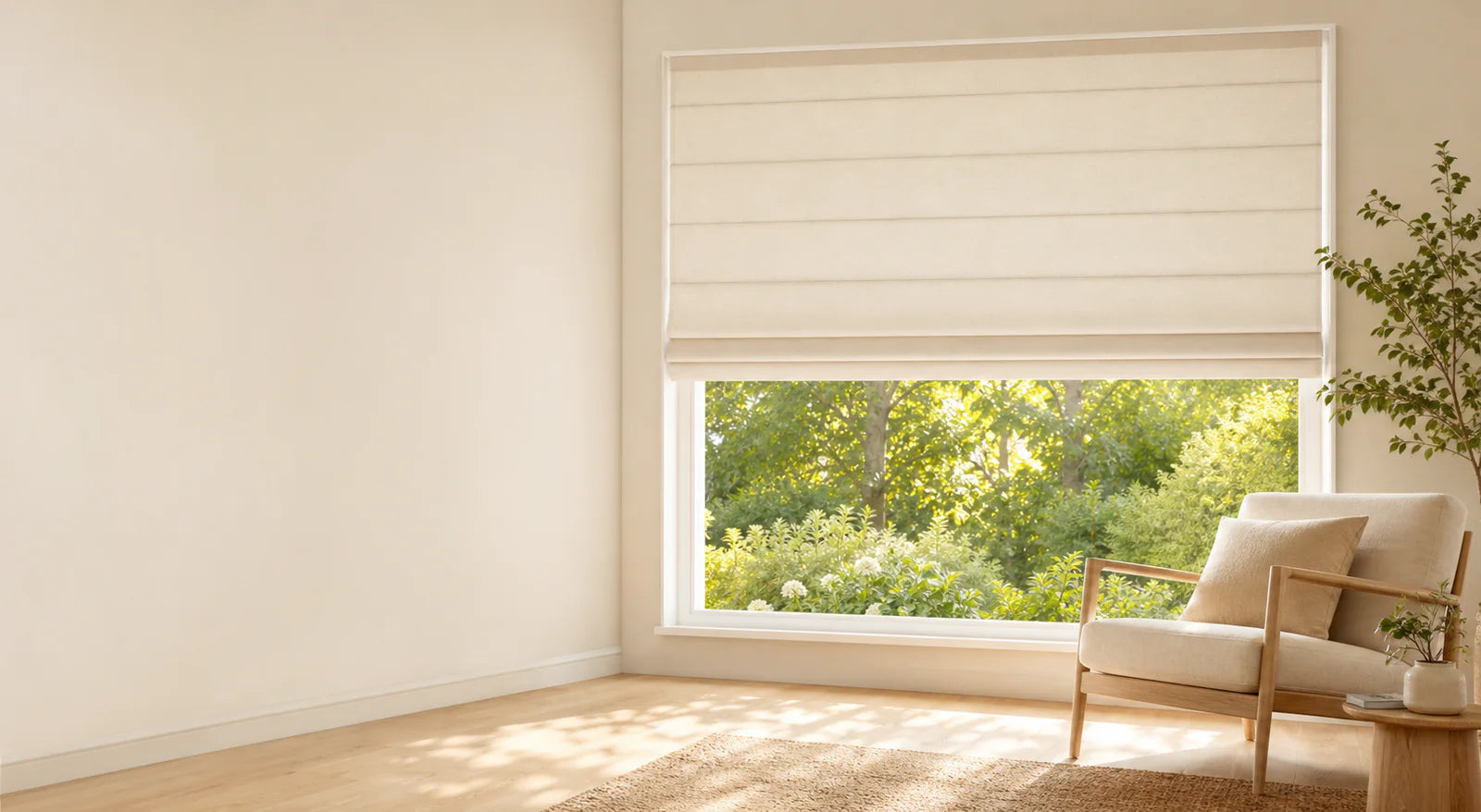 No-drill cordless Roman shade in a cool neutral living room