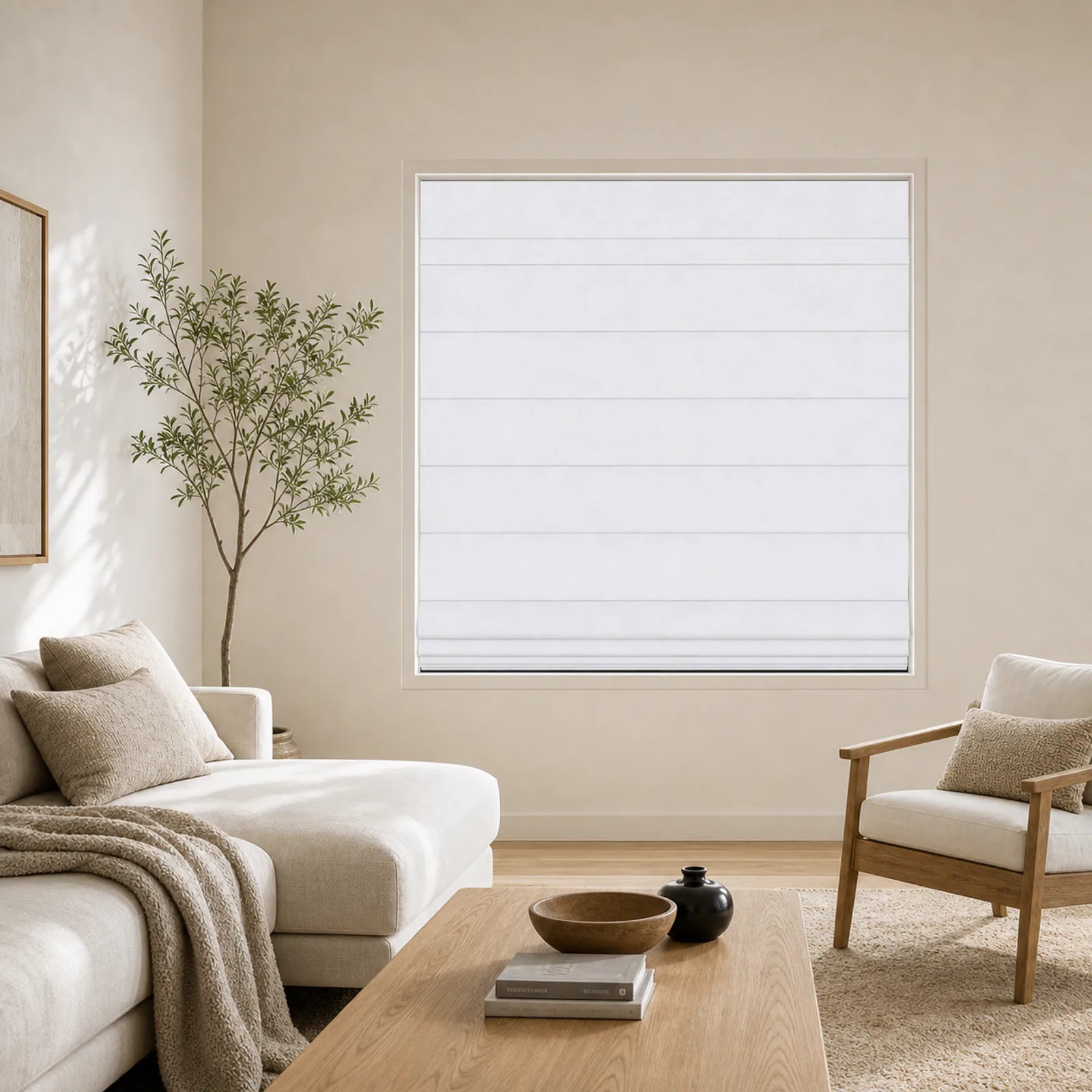 Cloud White Light Filtering cordless Roman shade, straight-on room view