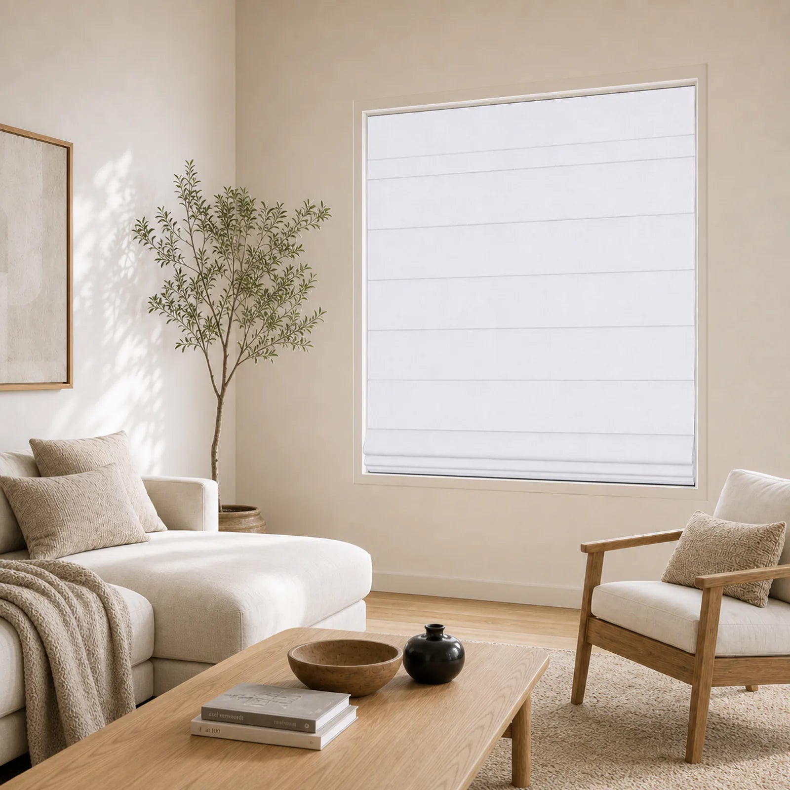 Cloud White Roman shade from a 45-degree room angle