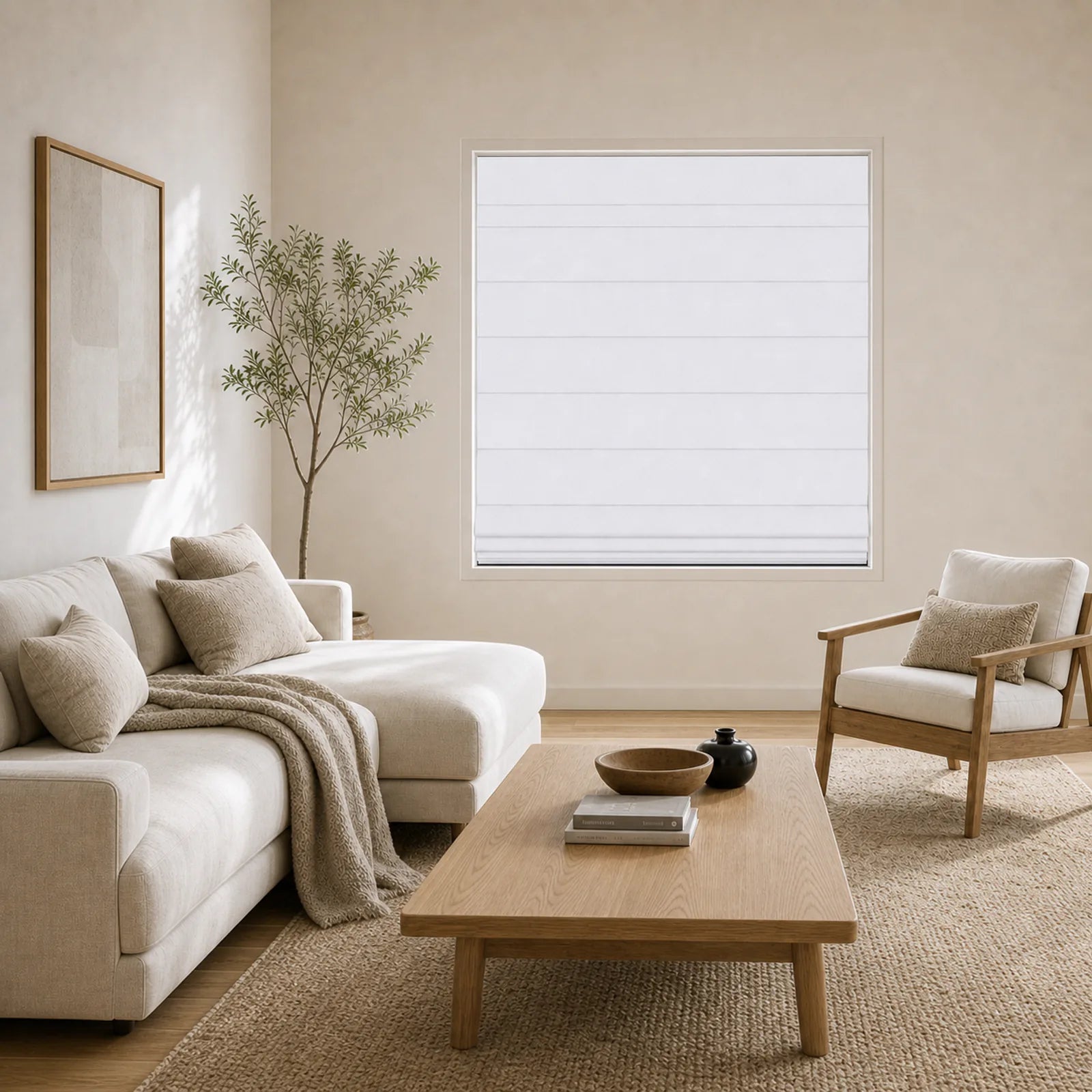 Cloud White Roman shade in a wider living-room view