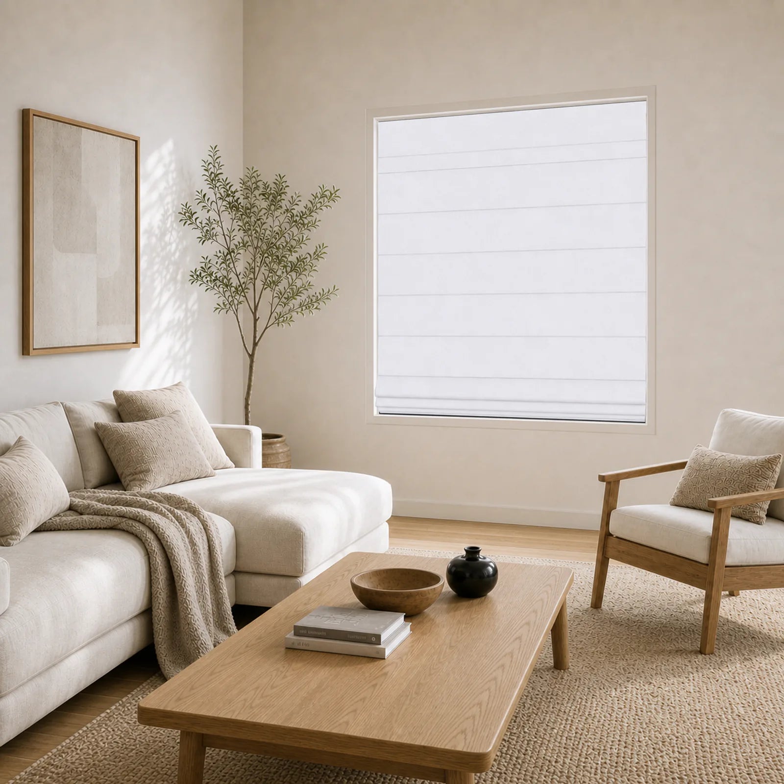 Cloud White Roman shade from an alternate product angle