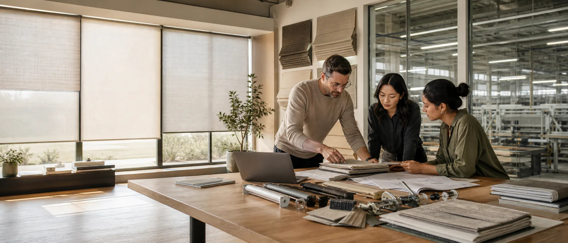 Wholesale buyer, interior designer, and factory representative reviewing window-covering samples