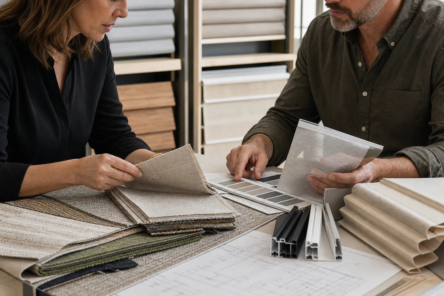 Designer and manufacturing specialist comparing window-covering fabrics and components