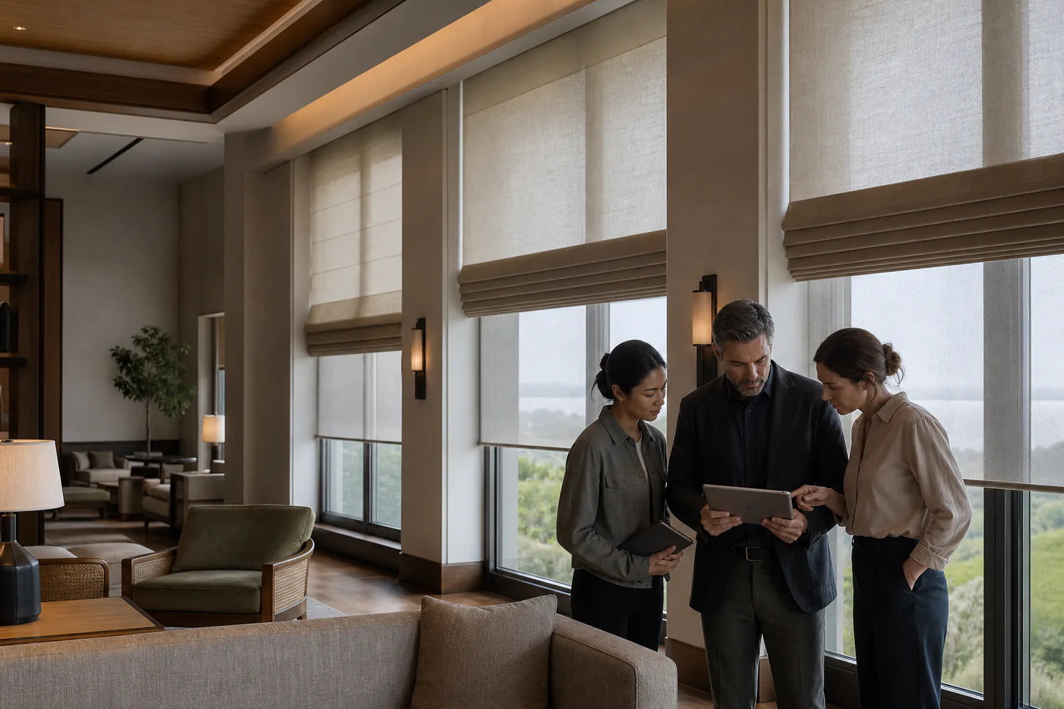 Project team reviewing installed custom shades in a hospitality interior